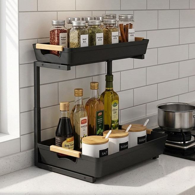 하루꿈 틈새선반 높이조절 수납선반 슬림 다용도 2단 슬라이딩 주방 선반 싱크대 하부장 선반, 1개, 블랙