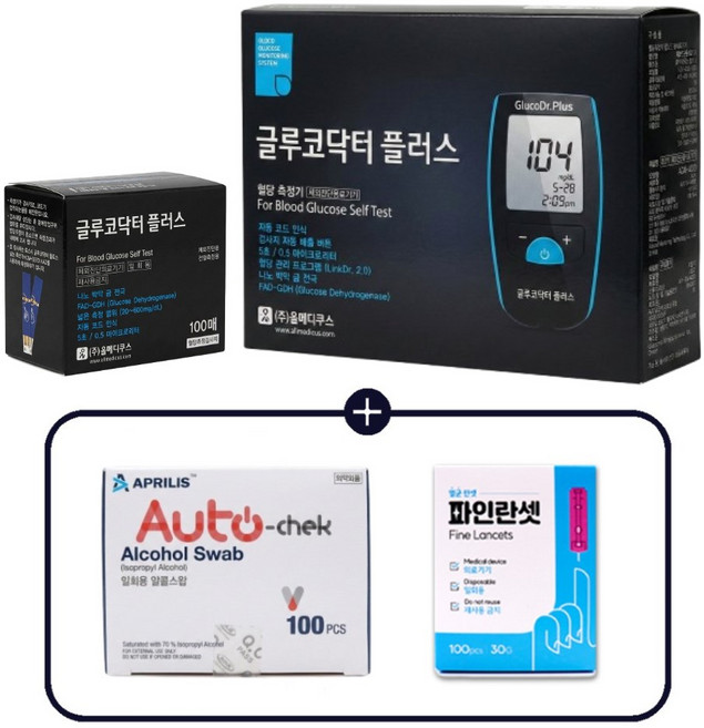 글루코닥터 플러스 혈당측정기+측정지100p+채혈침100p+알콜솜100p, 1개