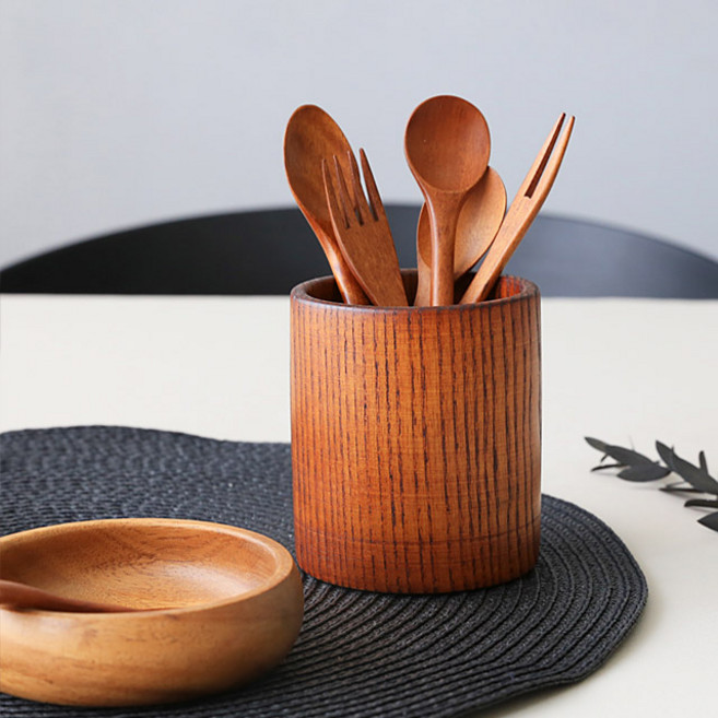 나무 원목 수저꽂이 옻칠 수저통 우드 조리도구 꽂이, 직선 스푼포크통, 1개