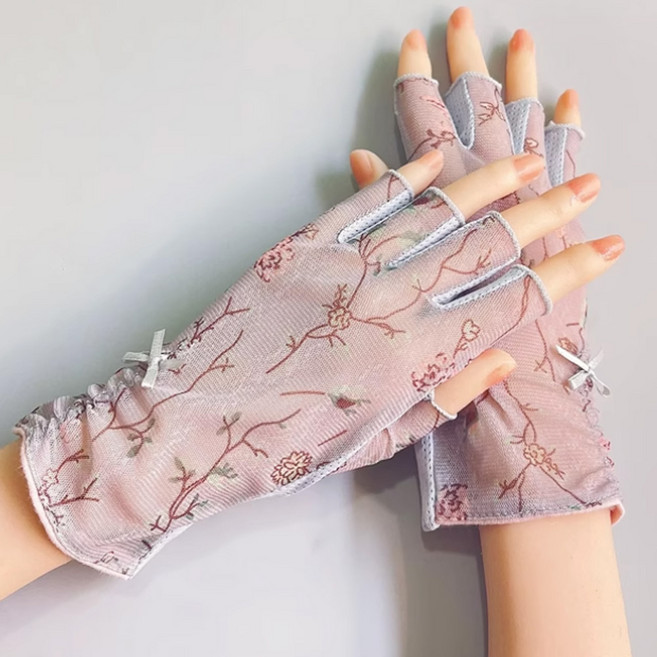 신페이드 여성 봄 여름 망사 장갑 얇은 레이스 손가락 반장갑 운전 자전거 등산, 베이지, 1개