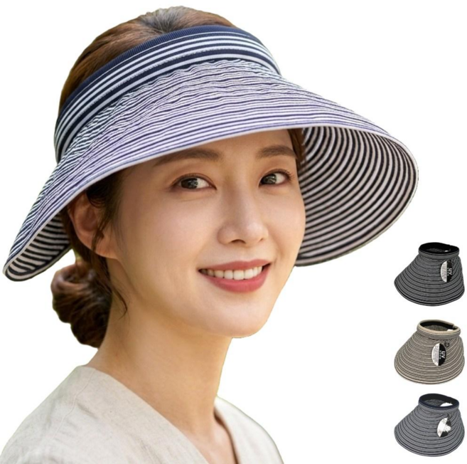 국산 스트라이프 썬캡 여성 여름모자 UV자외선차단 접이식 머리편한모자