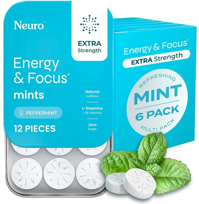 뉴로검 엑스트라 스트렝스 에너지 & 포커스 민트 (스파민트 90개) | 천연 카페인 100mg + L-테아닌 비타민 B12 및 B6 무설탕 누트로픽 인지 뇌 기능 보조제, 12 Count (Pack of 6) - 쿠팡