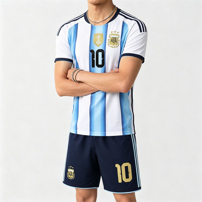 Vezri 2026 FIFA 월드컵 아르헨티나 국가대표 홈 유니폼 10번 성인 속건 반팔 축구복 세트 트레이닝복