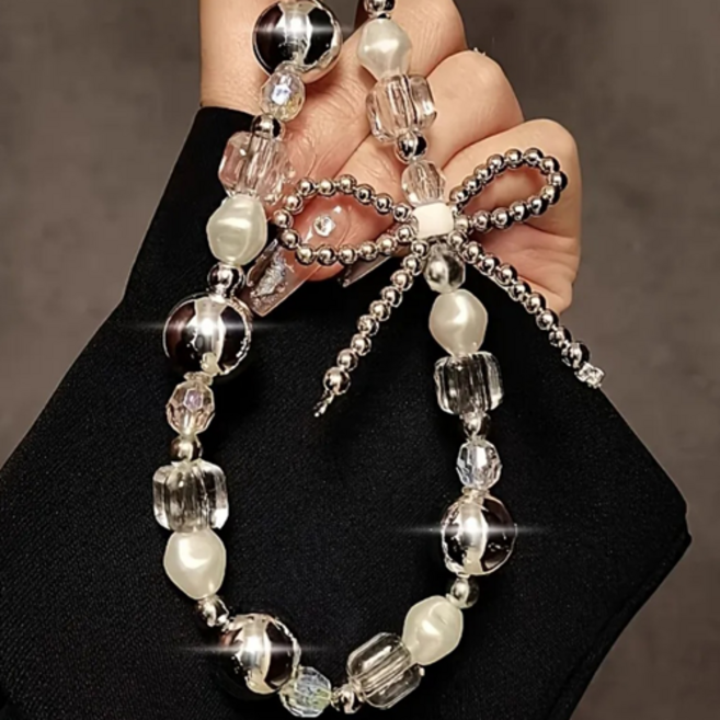 실버구슬핸드폰스트랩키링/휴대폰키링악세사리폰줄/진주키링/비쥬스트랩, 1개, 줄리본