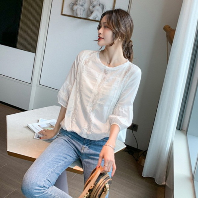 뉴욕멋쟁이 백야 레이스 5부 블라우스