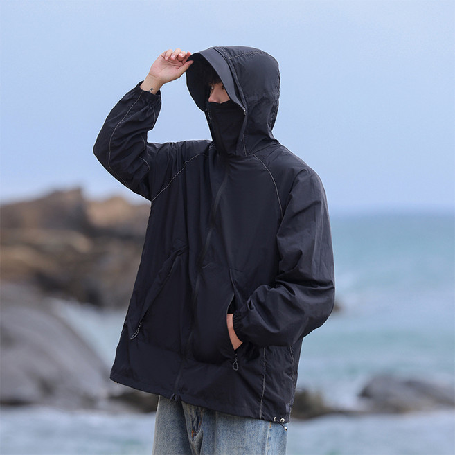 夏季男士新款防曬衣戶外寬鬆連帽休閒純色防紫外線時尚百搭外套, XXXL