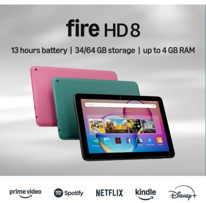휴대용 엔터테인먼트를 위해 설계된 새로운 Amazon Fire HD 8 태블릿 8인치 디스플레이 3GB 메모리 32GB 블랙 2024년 출시, 32 GB, Lockscreen Ad-Supported, Black + Fire HD 8