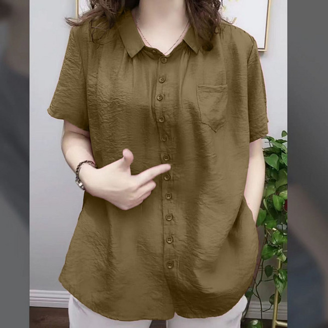 중년여성 빅사이즈 반팔 셔츠 블라우스 여름 엄마룩 고급 기질 패션 데일리 오버핏 남방 하객룩 냉장고 데일리 아우터 상의