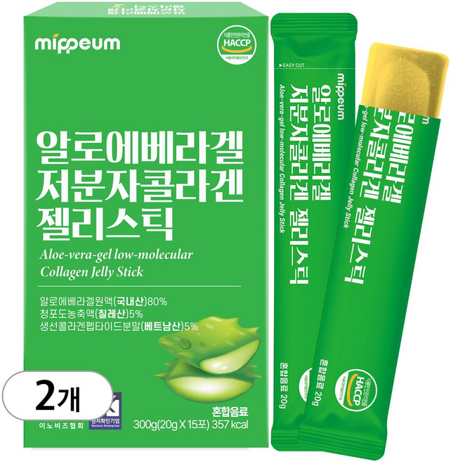 미쁨생활건강 알로에베라겔 저분자 콜라겐 젤리스틱, 2개, 300g