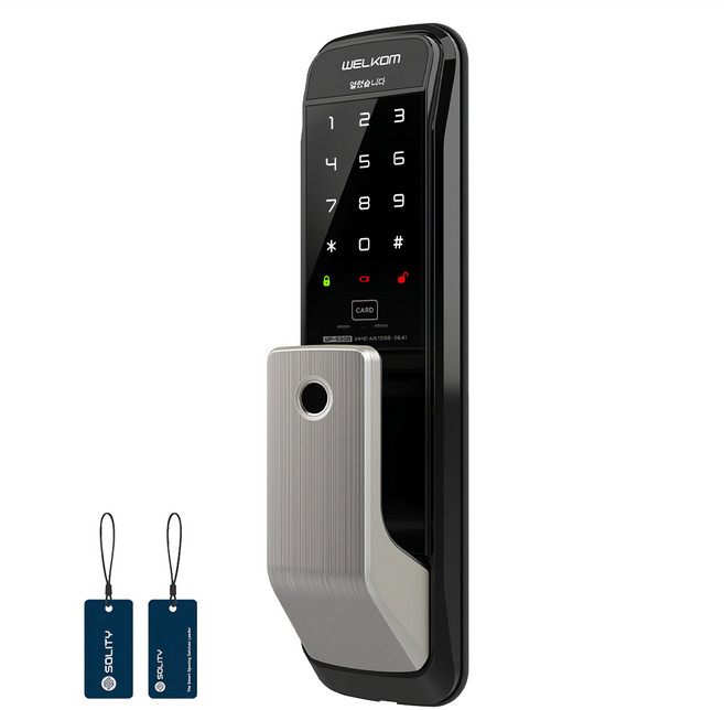 웰콤 손잡이 있음 지문인식 무타공 푸시풀 도어록, WP-530B, 고객직접설치