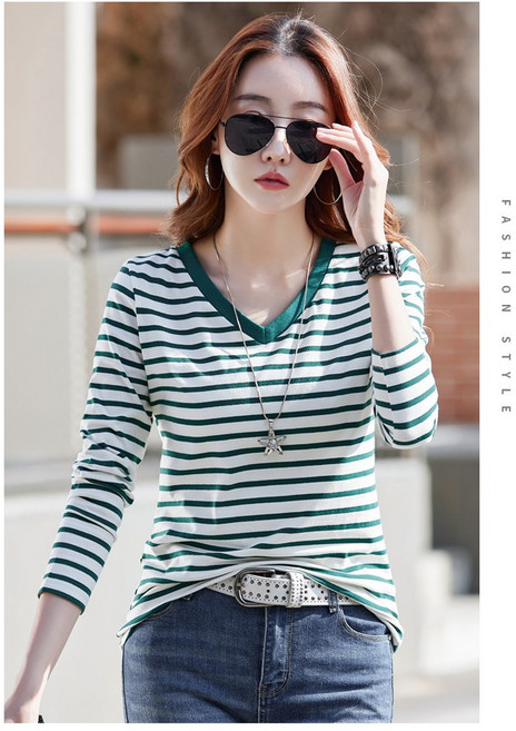 SALE-NEW 봄철 여성티셔츠 스트라이프티셔츠 면티 루즈핏 여성긴팔티셔츠 여름긴팔티 슬림핏 브이넥 골프티셔츠 소프트 원단 3XL