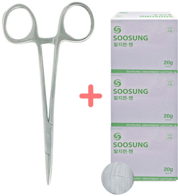 반려동물 귀털 제거 겸자 가위 직선형 [모스키토 12.5cm ] 1개 + 수성 탈지면 엔 각솜 20g 3개