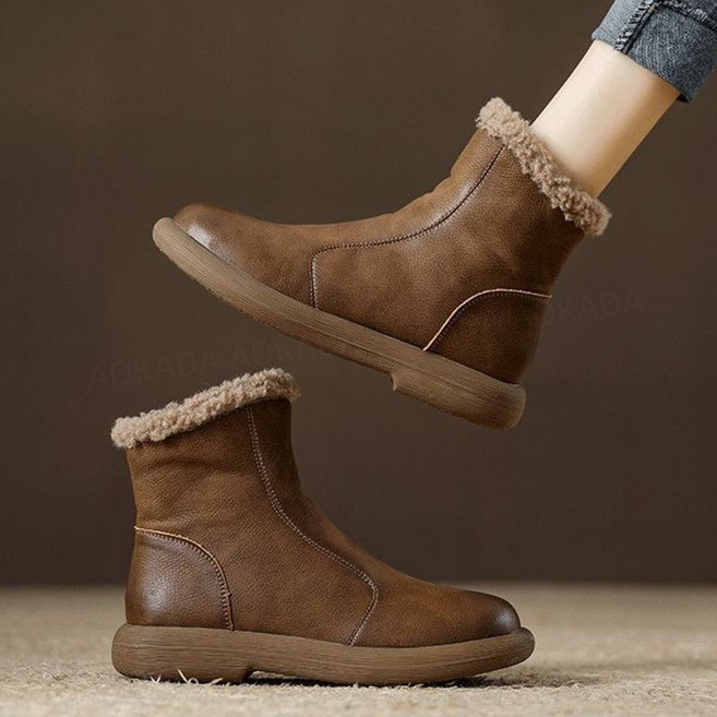 AOKADA 여성 겨울 털안감 앵글 부츠 PU 가죽 방한 보온 털부츠