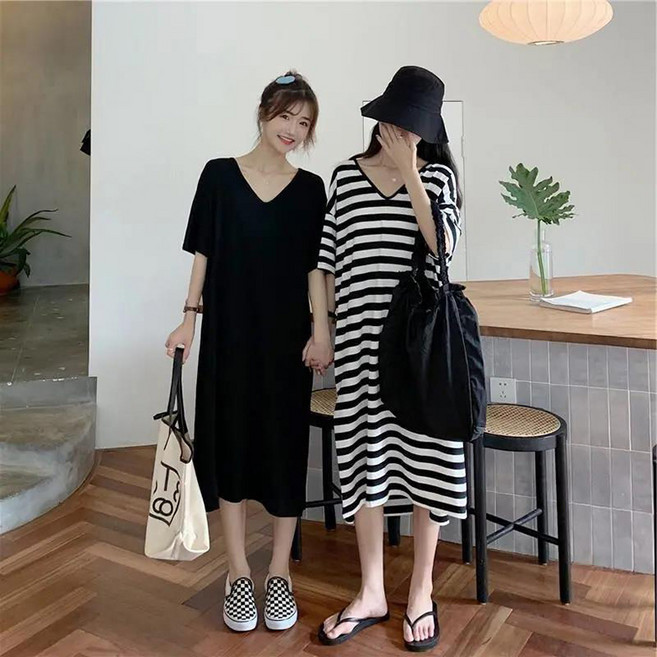 ~4XL까지 빅사이즈 150KG까지 뒤트임 브이넥 롱원피스 오버핏 데일리룩 스프라이트 여름 반팔원피스