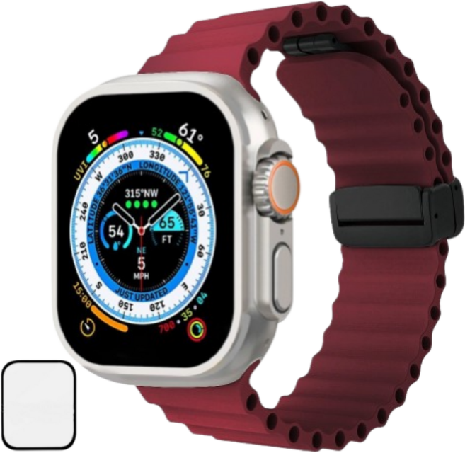 NUBASE 애플워치 호환 울트라 디버클 오션밴드 실리콘 스트랩, 레드와인
