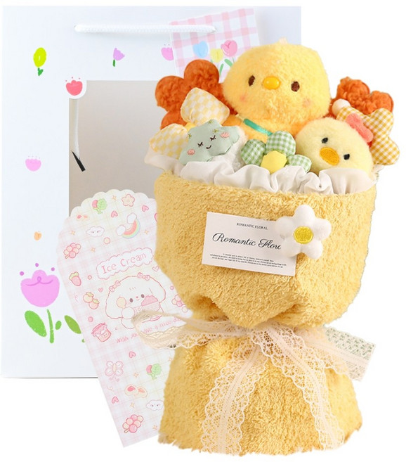 애니멀 인형 꽃다발 종이가방 세트 졸업 입학 학예회 생일 여자친구 선물, 1개, 파스텔 노랑 병아리