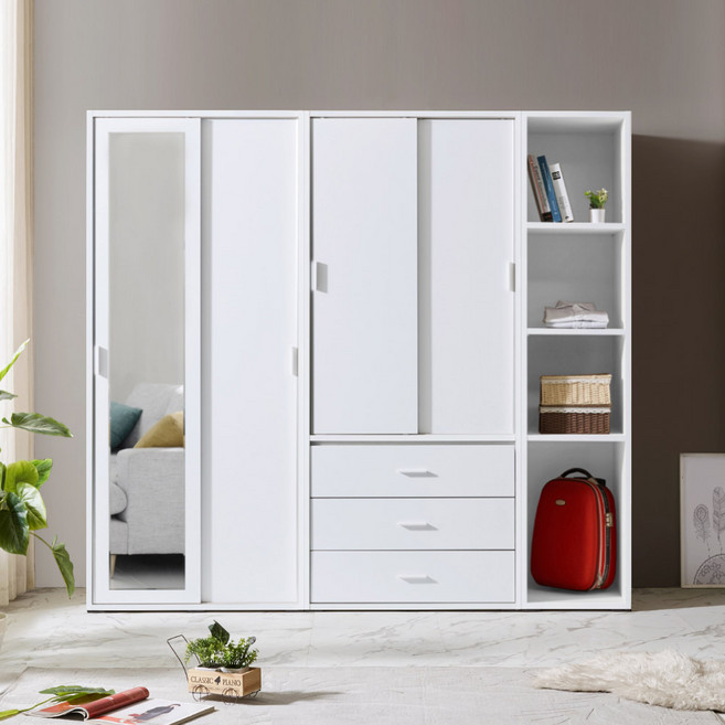 솜씨방 루디아 친환경 E0 2000 슬라이딩 옷장 세트 (긴문장+서랍옷장+오픈 선반장), 화이트, 02-2_루디아 거울 이불장+서랍옷장+오픈 선반장