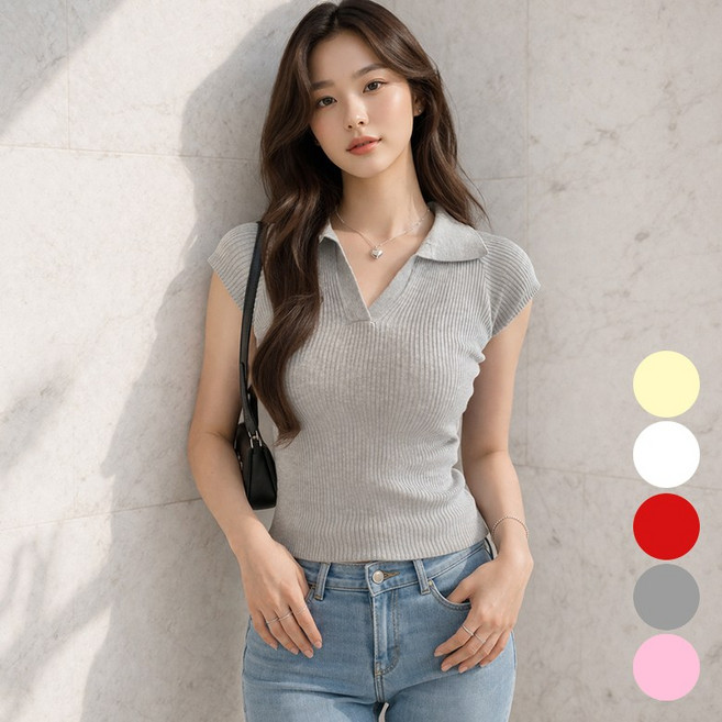 VERIT 세미 반팔 골지 티셔츠 무지 나시 캡 슬림핏 카라 브이넥 티 VT911