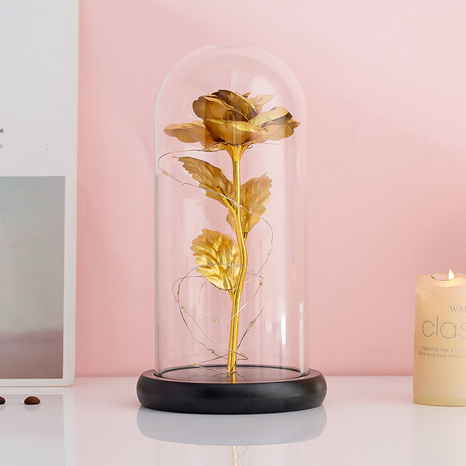 Clybo 영생화 유리커버 장미꽃 발광 크리스마스 발렌타인 선물, 골드+램프+받침