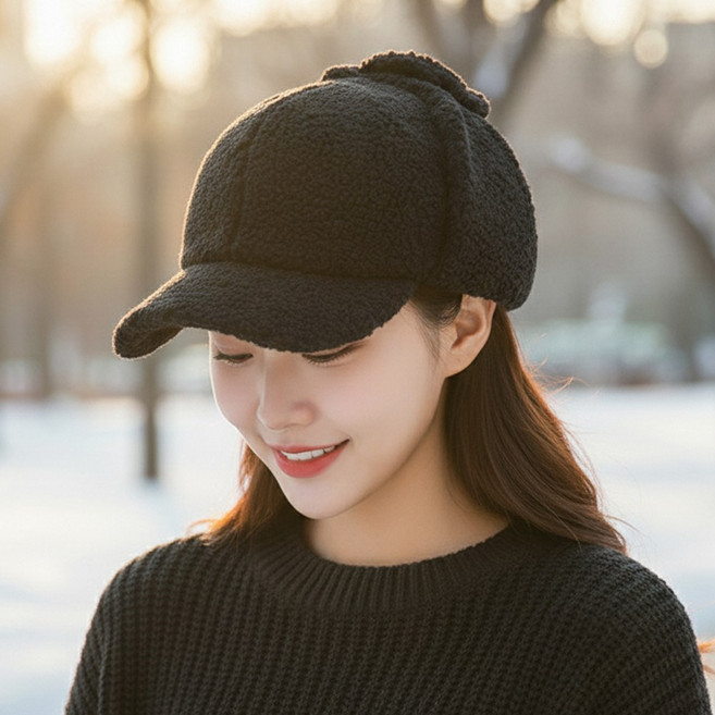 라뷰드 따뜻한 귀달이 뽀글이 모자 여성 겨울 도톰 털모자 귀여운 귀덮개 군밤 장수 캡모자 찬바람 차단 사이즈 조절 방한 용품