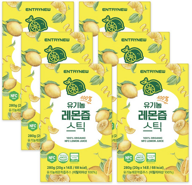 하루한포 100% NFC 착즙 엔트리뉴 유기농 레몬즙 스틱, 6박스, 280g