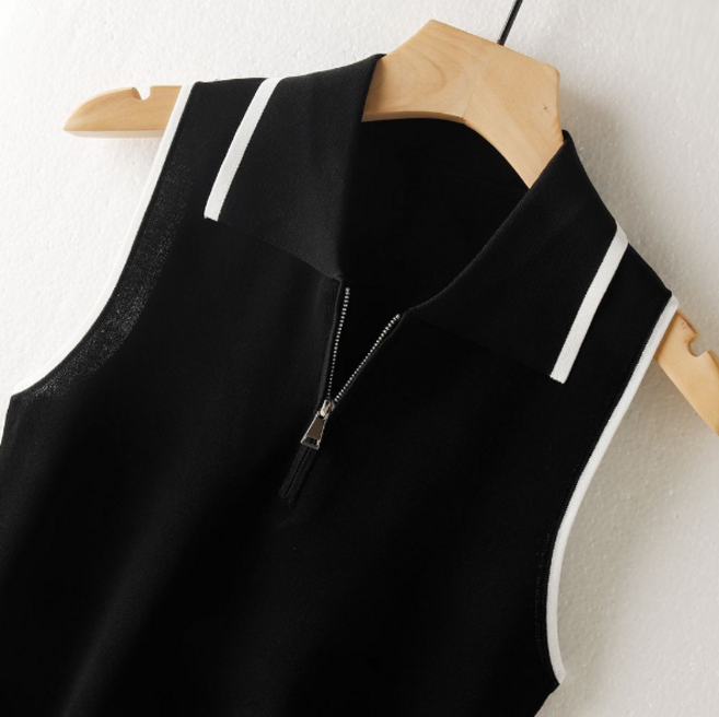 여름 새로운 여자 골프 의류 여자 골프 탑 패셔너블 루즈 슬리밍 폴로 칼라 민소매 니트 카미 솔 여자 여름 지퍼 아이스 실크 탑