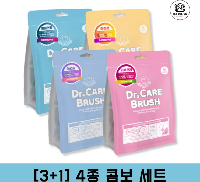 [3+1] 닥터케어브러쉬 강아지 가수분해 간식 치석제거 덴탈껌, 1개, 4종 콤보세트, 640ml - 쿠팡