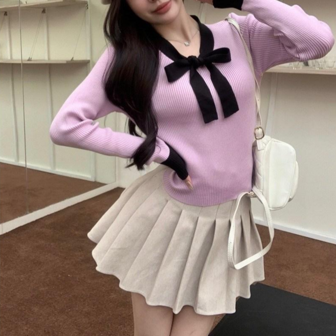 야오야오 여성용 리본타이 골지 슬림핏 세미크롭 니트 블라우스