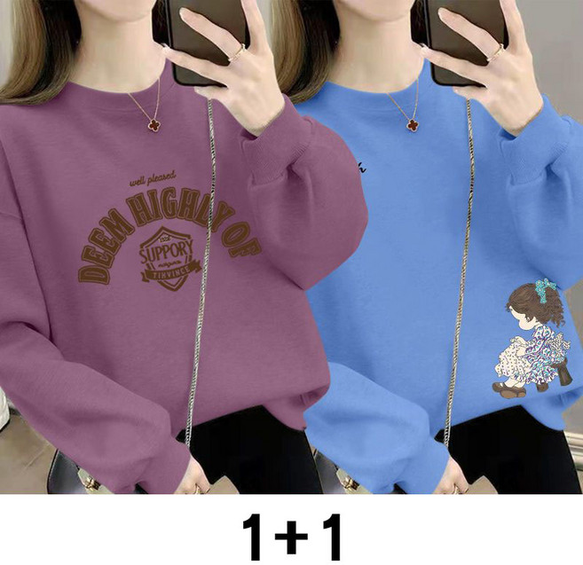 1+1 여성 라운드넥 맨투맨 봄 가을 루즈핏 데일리 여자 티셔츠 상의 캐주얼 코디 얇은 긴팔티 WMY