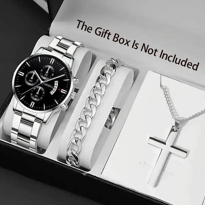 商務男士手錶禮品套裝 時尚休閒 不鏽鋼帶日曆石英錶
