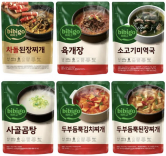 비비고 김치찌개 460g + 된장찌개 460g + 소고기미역국 500g + 육개장 500g + 차돌된장찌개 460g + 사골곰탕 500g, 1세트