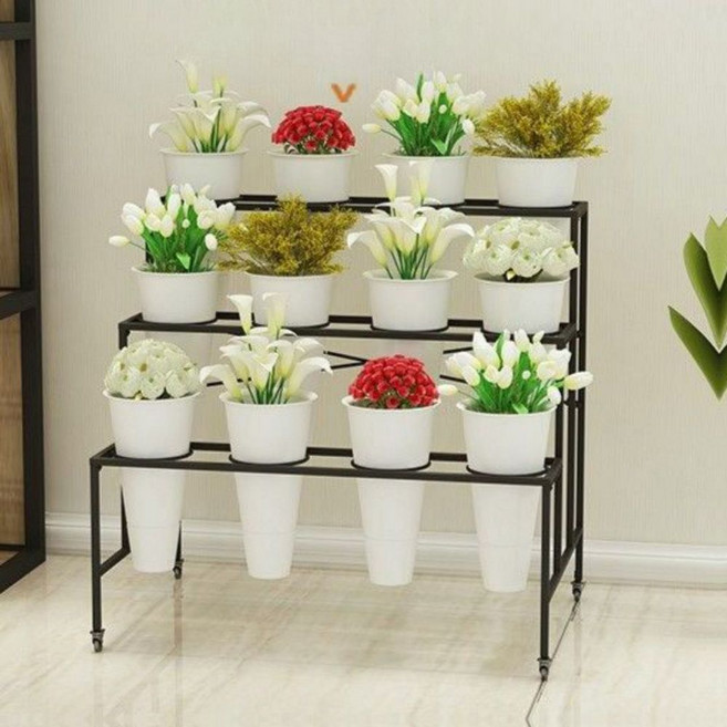 꽃다발진열대 계단형 스탠드 꽃가게 야외 디스플레이 가판대 거치대 꽃집, G. 3x3/9개블랙버킷/블랙선반, 1개