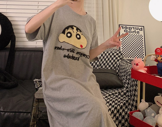 해피유통 여성용 귀여운 미키마우스 캐릭터 면 소재 긴팔 원피스 잠옷