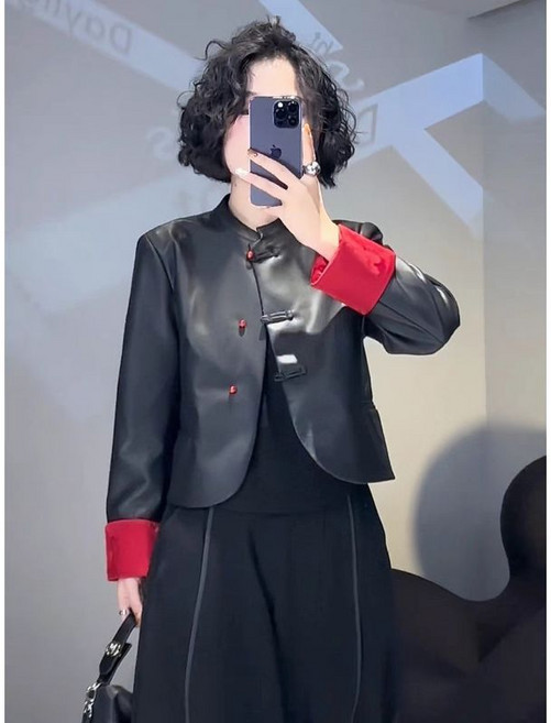 新中式國風皮衣外套女 復古盤扣立領休閒氣質百搭上衣