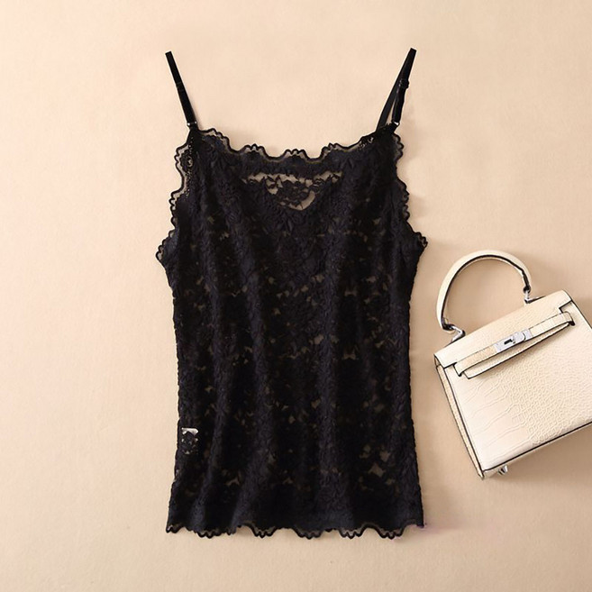 ROYALBELLE 여성 브이넥 레이스 슬림핏 데일리 패션 펀칭 얇은 끈이너 나시 S031310