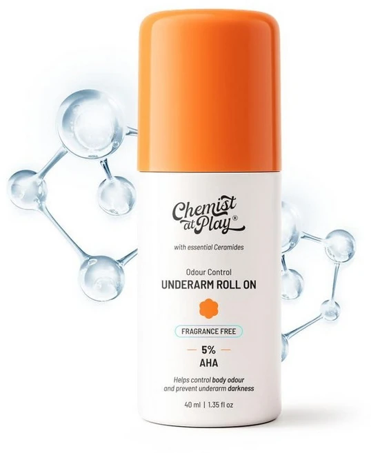 Chemist at Play UnderArm 롤온 5% AHA 냄새 방지 피부 밝게 겨드랑이 각질 제거 민감한 피부용 무향 알코올 알루미늄 프리 39.9ml 1.4온스 2775 - 쿠팡