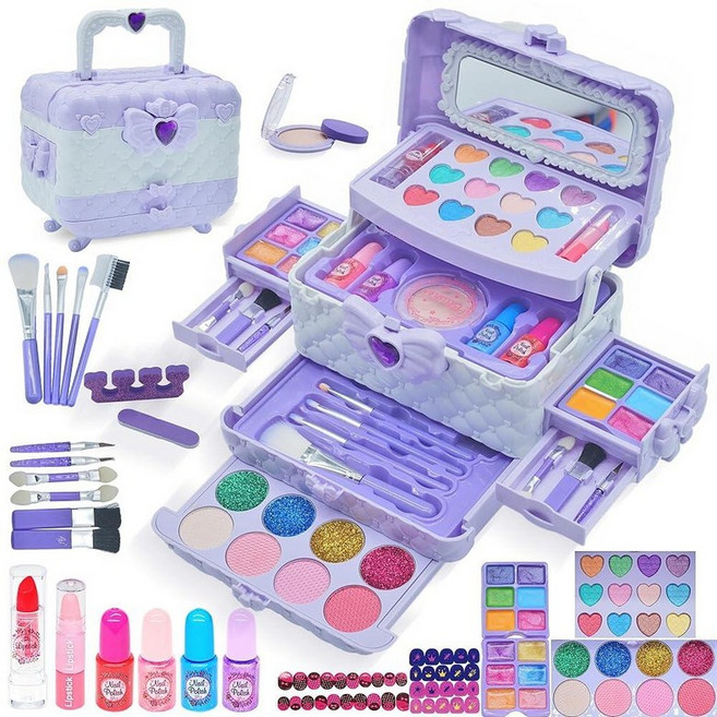 만 5-8세 여아용 아동용 메이크업 세트 - 만 8-12세 아동용 세탁 가능한 메이크업 Maquillaje para Niñas 놀이 메이크업 키트 어린 소녀를 위한 장난, kids makeup purple 57 pcs.