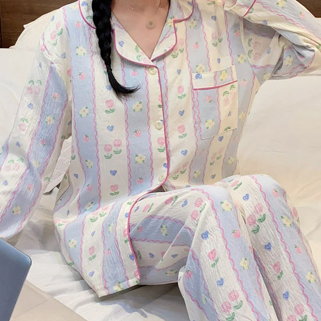 여성 가을겨울 잠옷 긴팔 긴바지 세트 부드러운 홈웨어 코디 고급 루즈핏 보온 편안한 셔츠 투피스 파자마 파티 우정잠옷