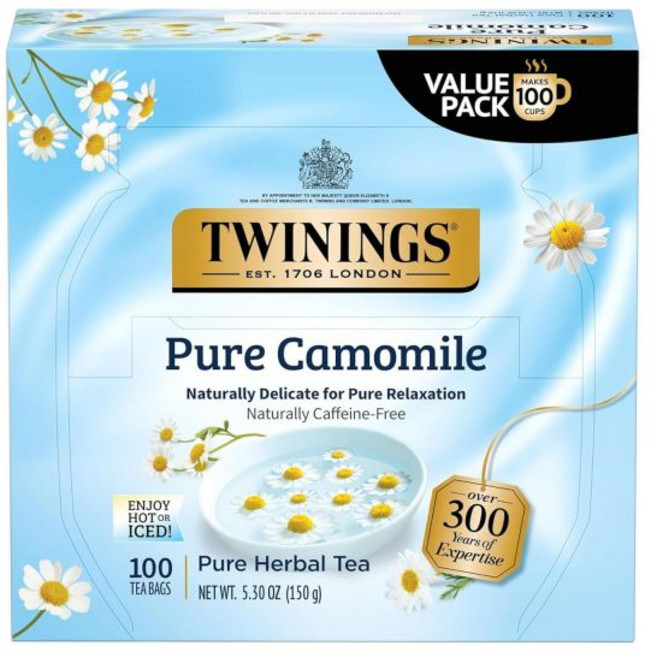 Twinings 트와이닝스 차이 블랙 티 개별 포장 백 100개입 1팩 따뜻한 향신료로 풍부하게 혼합 카페인 함유 뜨겁게 아이스로 즐기세요., 순수 카모마일