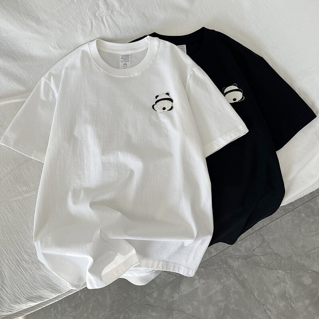 티레오 남녀공용 반팔티셔츠 오버핏반팔 순면 32수 면티 빅사이즈 여름 자수 귀여운 판다 뒷면 라운드넥 캐주얼