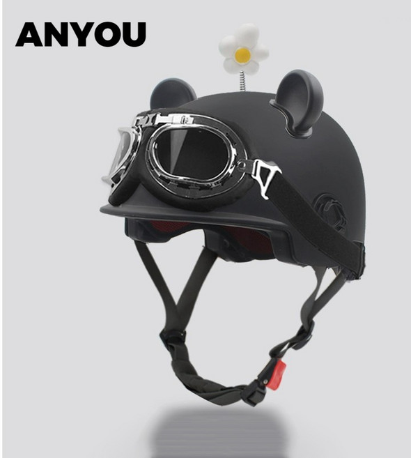 ANYOU 여 러블리 자외선 차단 가볍고 통기성이 좋은 전기차 오토바이 헬멧, 블랙