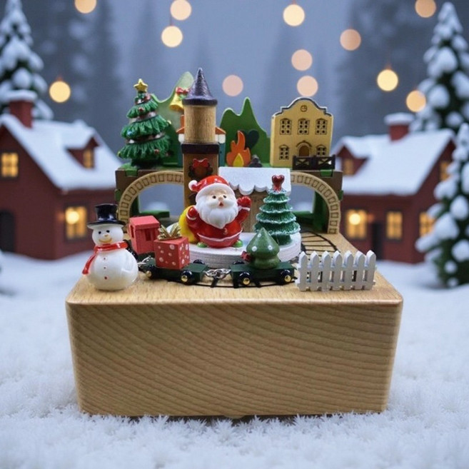 아트타임 크리스마스 모닥불마을 원목 오르골 대만 우드 오르골 회전하는 기차 오르골, 원목오르골