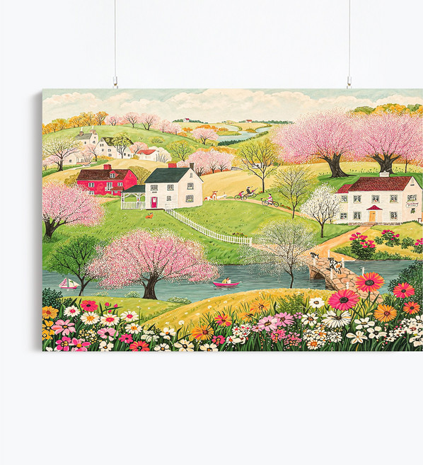 [인메이블] 복이 피어나는 봄마을 8종 그림 풍경화 인테리어 4계절 그림 캔버스 액자 행복한 거실 인테리어 액자 재물운 벽 인테리어, 01.복이 피어나는 봄마을