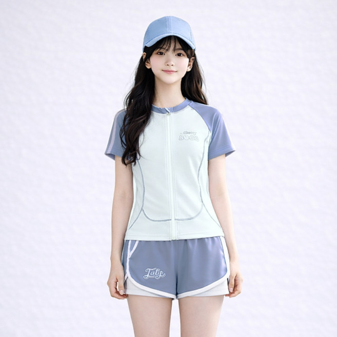 지디오 주니어 여아 수영복 세트 반팔 래쉬가드 자켓 브라캡 내장 속바지 일체형 사각 쇼츠 스윔 물놀이 팬츠