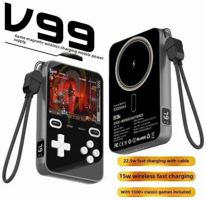 맥세이프 5000mAh 고속 무선 충전기 C타입 스트랩 미니 휴대용 레트로 게임기, Black