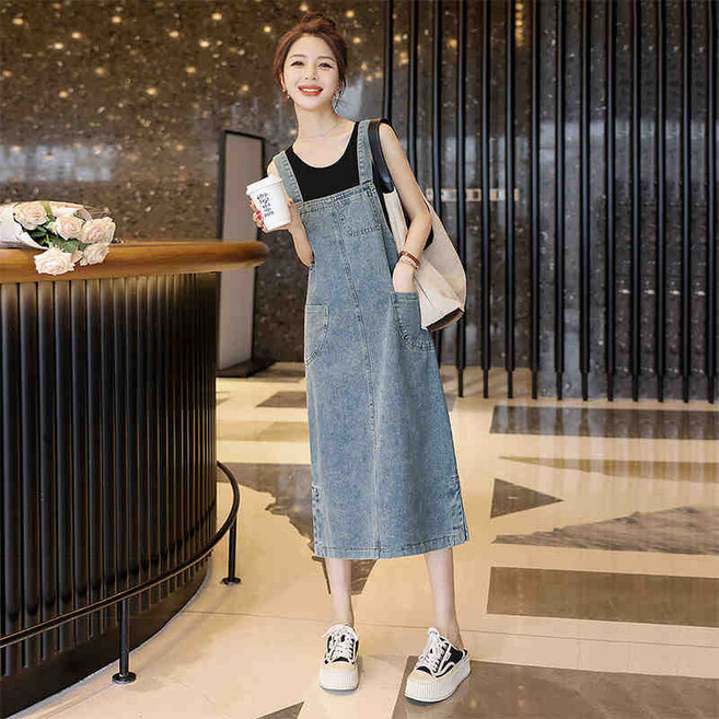여성용 데일리 청원피스 루즈핏 민소매 미디 데님 멜빵 원피스