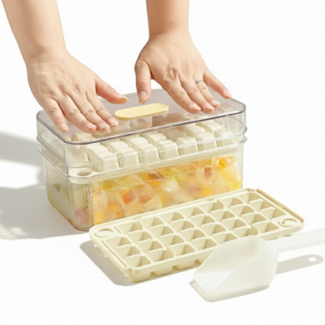키치킷 원터치 푸쉬 2단 얼음틀 60구 쉽게 눌러서 빼는 얼음트레이2개 + 보관통 + 스쿱 세트, 1개, 화이트