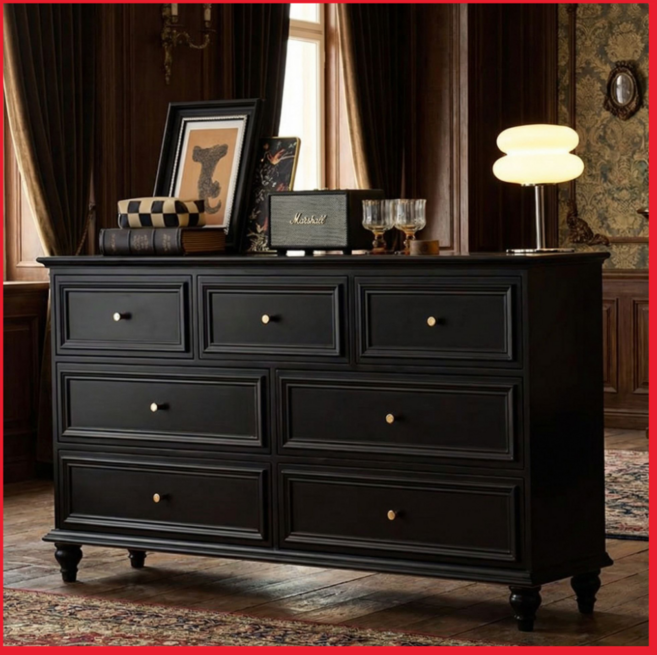 [공간담다] 엔틱 서랍장 거실장 인테리어 침실 옷장 콘솔 고가구, 7개, 블랙