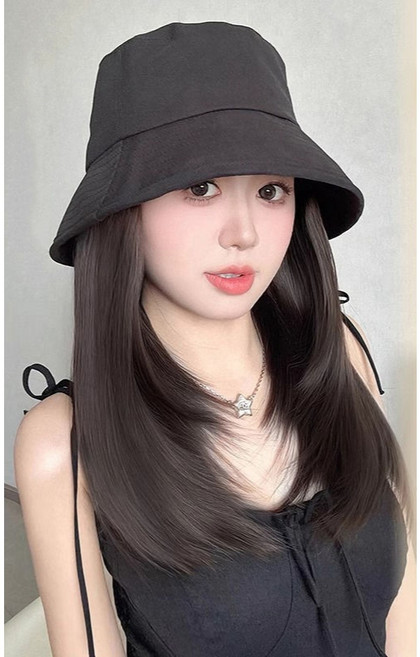 假髮帽 女生一體假髮 化療帽, 22.黑色漁夫帽+黑色髮絲, 1個