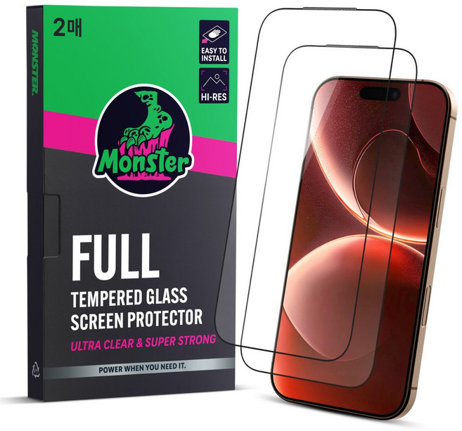 몬스터 고화질 슈퍼강력 투명 강화유리 휴대폰 액정보호필름 2p + 똥손탈출 부착틀, 1세트